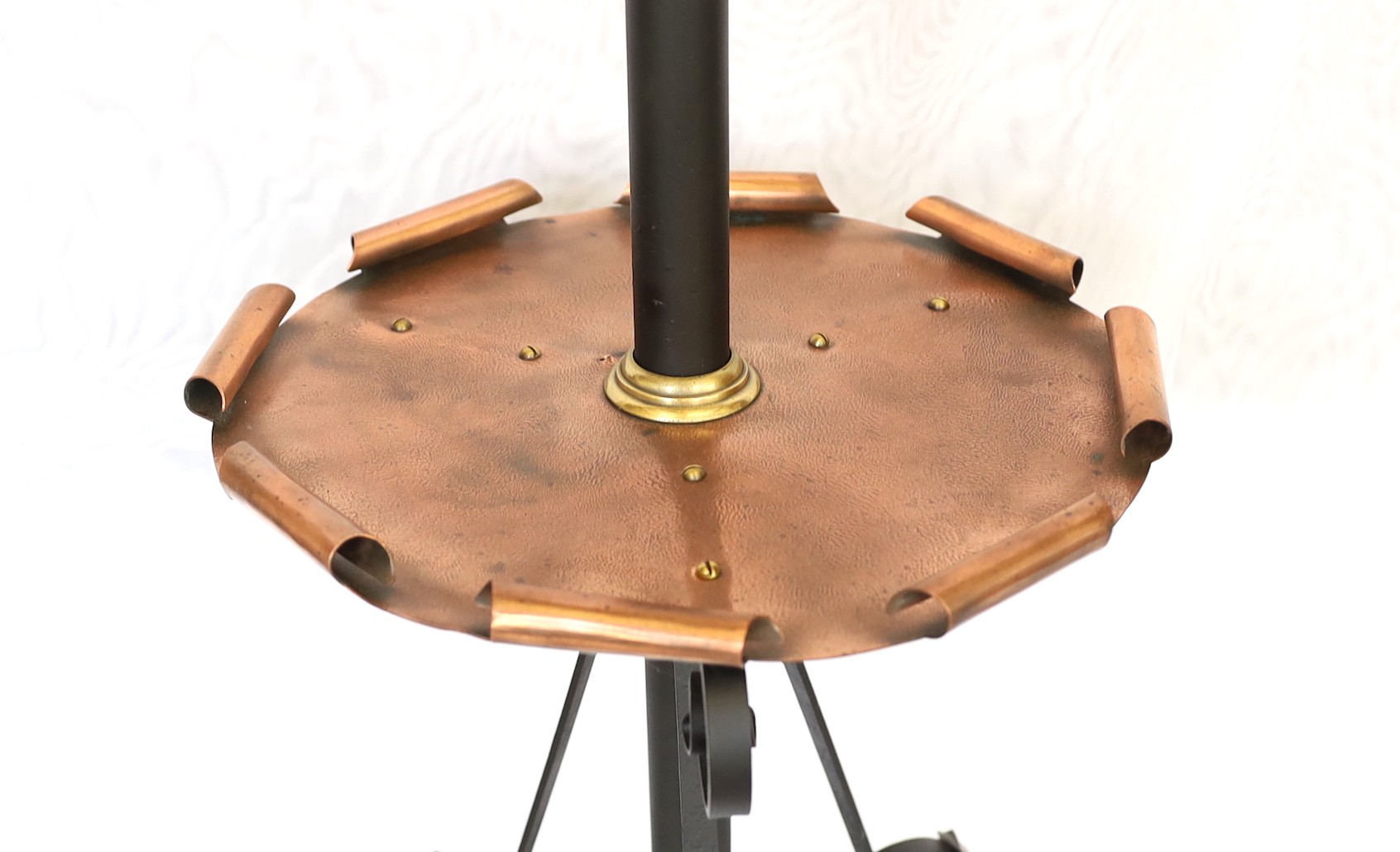 A late Victorian wrought iron brass and copper telescopic oil lamp standard with etched glass shade and flue, height overall 159cm